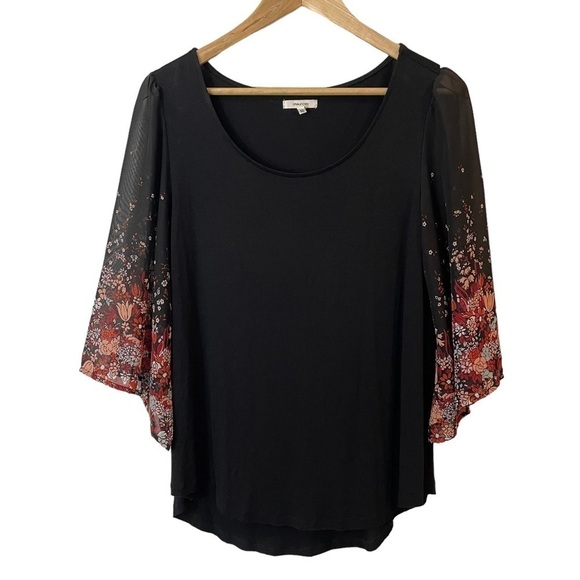 Maurices Sheer Floral Bell Sleeve Top Sz M Black Red Mixed Media Boho Shirt EUC - Picture 1 of 11
